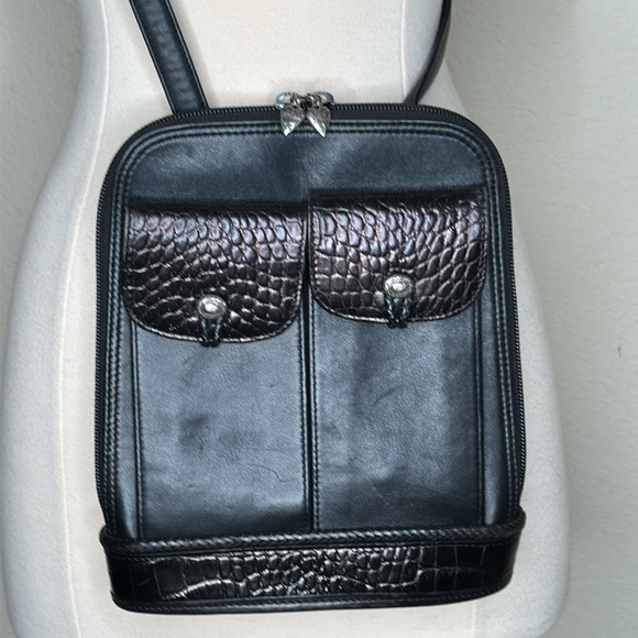VTG Brighton One World Slim Leather Crossbody Bag Croc Emboss Single Strap Black - Picture 6 of 16